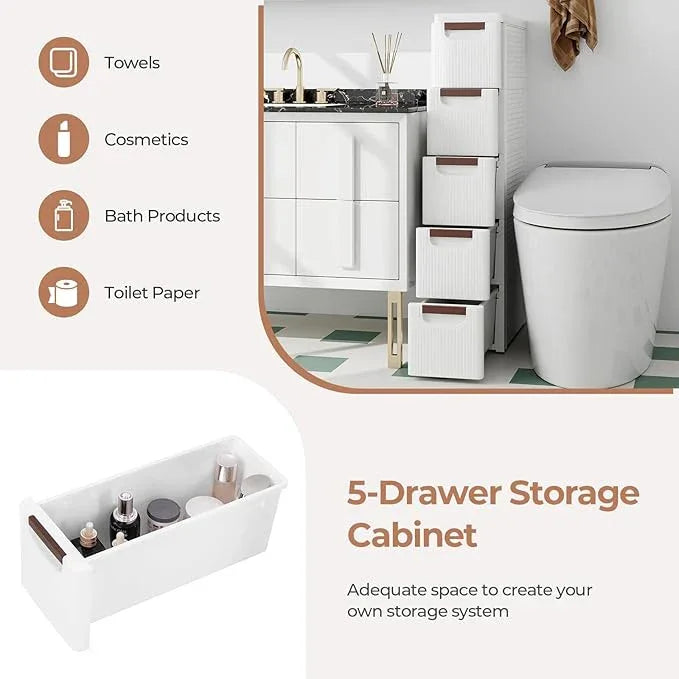Giantex 5 Drawers Storage Cart, Narrow Plastic Dresser, Rolling Organizer Cart for Office Classroom Bedroom Bathroom Art Craft Supplies, Mobile Slim Utility Cart on Wheels (7.5"x16.5"x36") - ModernBath