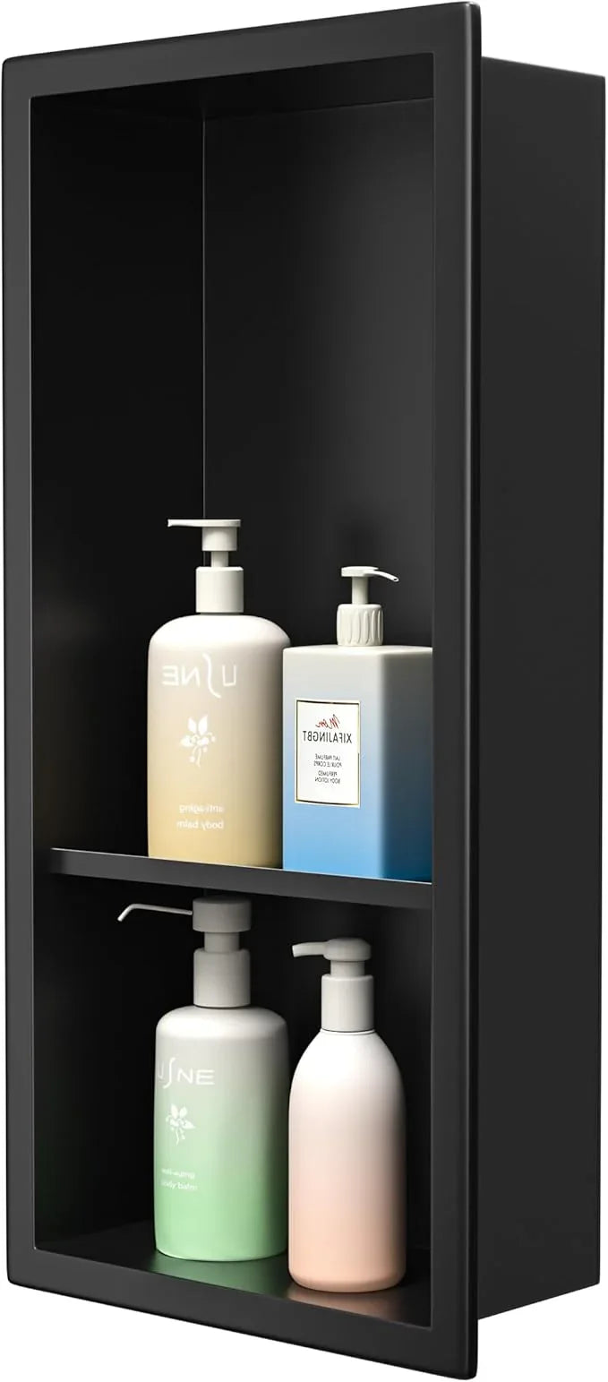 Stainless Steel Shower Niche 8"×18" with Shelf Matte Black No Tiled Needed Niche Shower for Bathroom Wall Recessed Shower Shelf for Bathroom Storage - ModernBath