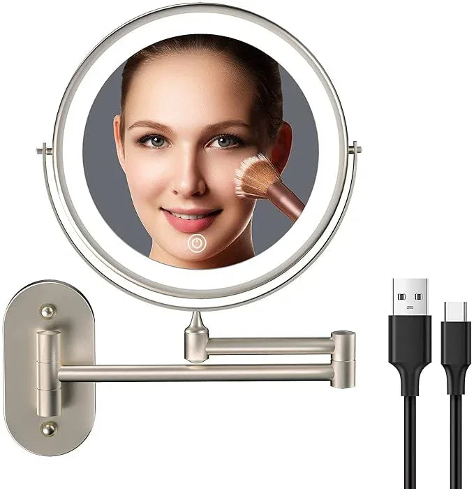 5000mAh Rechargeable Wall Mounted Lighted Makeup Vanity Mirror, Double Sided 1X 30X Magnifying Bathroom Mirror, 3 Color Lighting, Touch Screen Dimming, Extended Arm 360 Rotation Shaving Mirror - ModernBath
