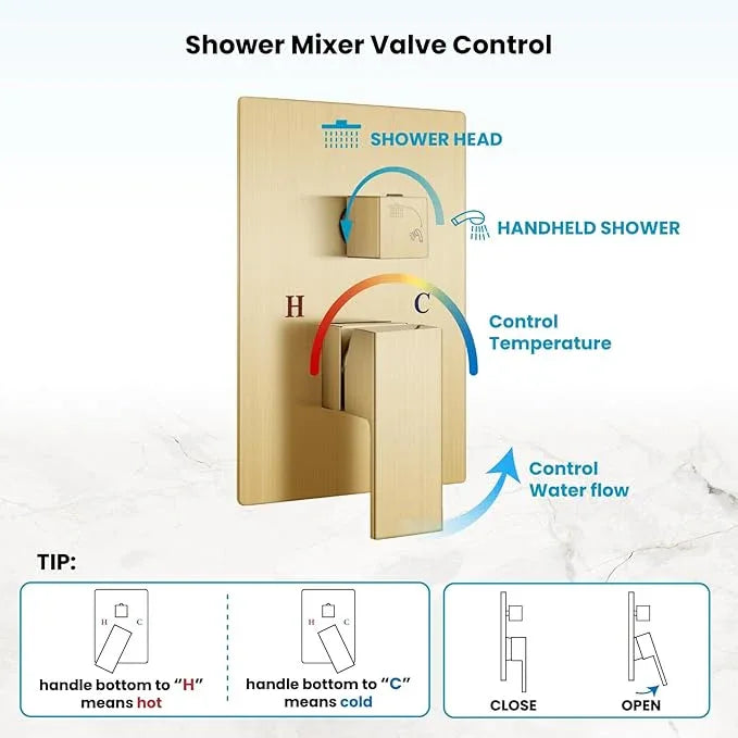 gotonovo Rainfall Bathroom Shower System Rain Shower Head and Handle Set Wall Mounted Shower Complete Combo Solid Brass Pressure Balancing Shower Mixer Valve 8 Inch Brushed Gold - ModernBath