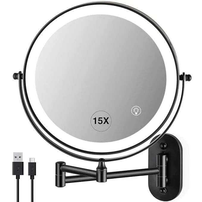 VORREMIRR Wall Mounted Makeup Mirror: 1x/15x Magnifying Mirror with 8.5" Double Sided, Vanity Makeup Mirror for Bathroom, Brush Black - ModernBath