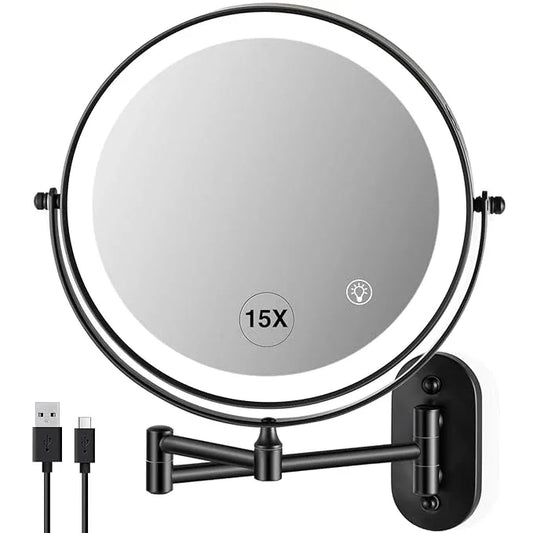 VORREMIRR Wall Mounted Makeup Mirror: 1x/15x Magnifying Mirror with 8.5" Double Sided, Vanity Makeup Mirror for Bathroom, Brush Black - ModernBath