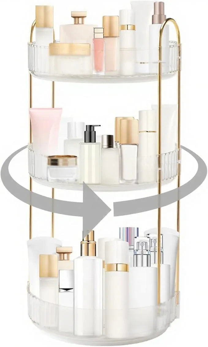 INVSSENE 360° Rotating Makeup Organizer, Bathroom Make Up Spinning Holder Rack, Large Capacity Cosmetics Storage Vanity Shelf Countertop, Fits Cosmetics, Perfume, Skincare, Lipsticks(3 Tiers, Clear) - ModernBath