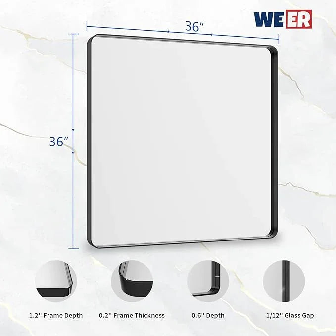 WEER 36X36 Inch Black Metal Framed Bathroom Mirror, Matte Black Bathroom Vanity Mirror, Rectangular Black Wall Mirror for Bathroom, Tempered Glass, Rounded Corner, Hangs Horizontal or Vertical - ModernBath
