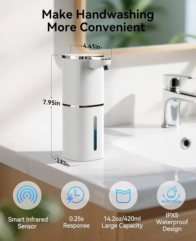 Luxspire Automatic Foaming Soap Dispenser, Touchless Foam Soap Dispenser, Rechargeabled 9 Adjustable Levels & IPX5 Waterproof Wall Mounted 420ml Soap Container for Bathroom, Kitchen and Hotel, White - ModernBath