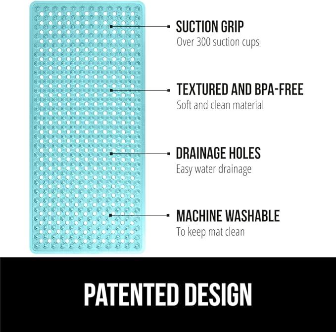 GORILLA GRIP Patented Bath Tub Shower Mat, Machine Washable Bathtub Floor Liner Mats, Suction Cups and Drain Holes to Keep Tubs Clean, Soft on Feet, Bathroom Essentials, 35x16 Inch, Clear Turquoise - ModernBath
