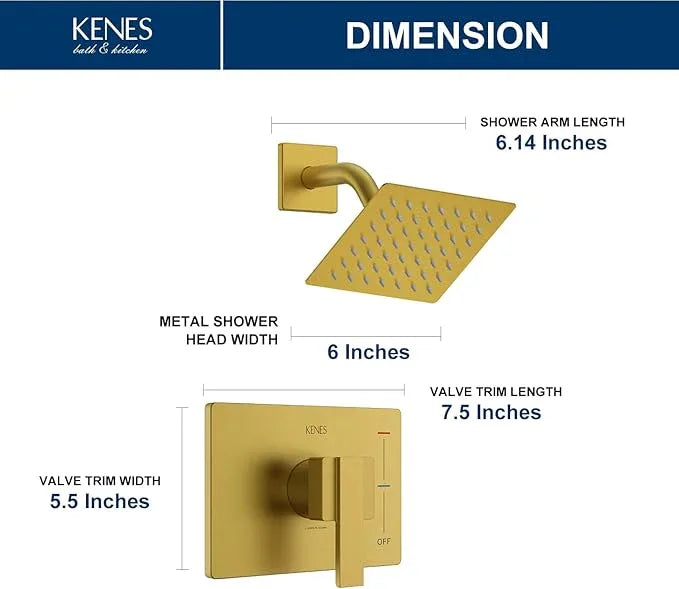 KENES Brushed Gold Shower Faucet, Modern Square 6-Inch Shower Head and Handle Set, Bathroom Rainfall Shower System Wall Mount, KE-6025B-4 (Including Shower Valve) - ModernBath