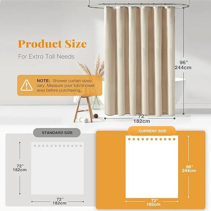 BTTN Extra Long Fabric Shower Curtain, 96 Inch Linen Textured Heavy Duty Cloth Shower Curtain Set with 12 Plastic Hooks, Large Hotel Luxury Polyester Shower Curtains for Bathroom(72"x96", Beige/Cream) - ModernBath