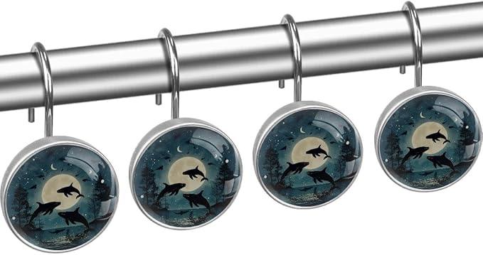 12 Packs Jumping Whales Shower Curtain Hooks, Stainless Steel Glass Shower Curtain Rings for Bathroom, Rustproof Metal Curtain Rod Hooks - ModernBath