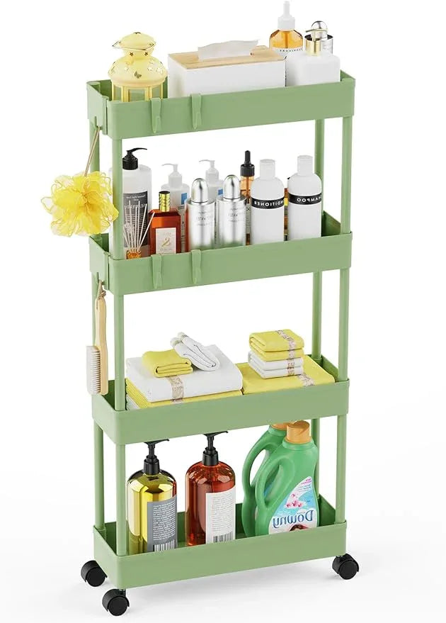 LEHOM 5.1" Slim Storage Cart - 4 Tiers Bathroom Organizer Mobile Shelving Unit Storage Rolling Utility Cart Slide Out Organizer for Kitchen Bathroom Laundry Narrow Places, Green - ModernBath