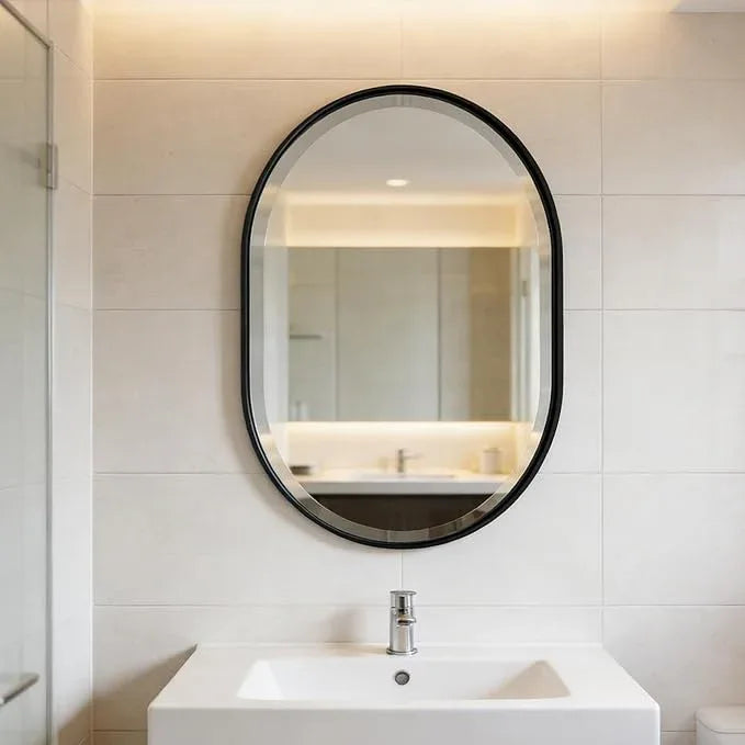 POZINO Black Oval Mirror, Modern Beveled Mirror for Over Sink, 22"x30" Rounded Rectangle Mirrors, Oblong Vanity Wall Mirrors in Premium Stainless Steel Frame, Hangs Horizontal Or Vertical - ModernBath