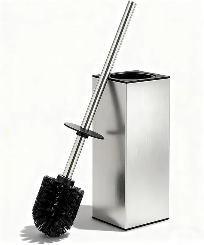 Toilet Brush and Holder Set, NEWRAIN Stainless Steel Toilet Brush with Long Brush Handle, Brushed Nickel Toilet Scrubber and Covered Holder, Square Design Sturdy and Space Saving, Covered Brush - ModernBath