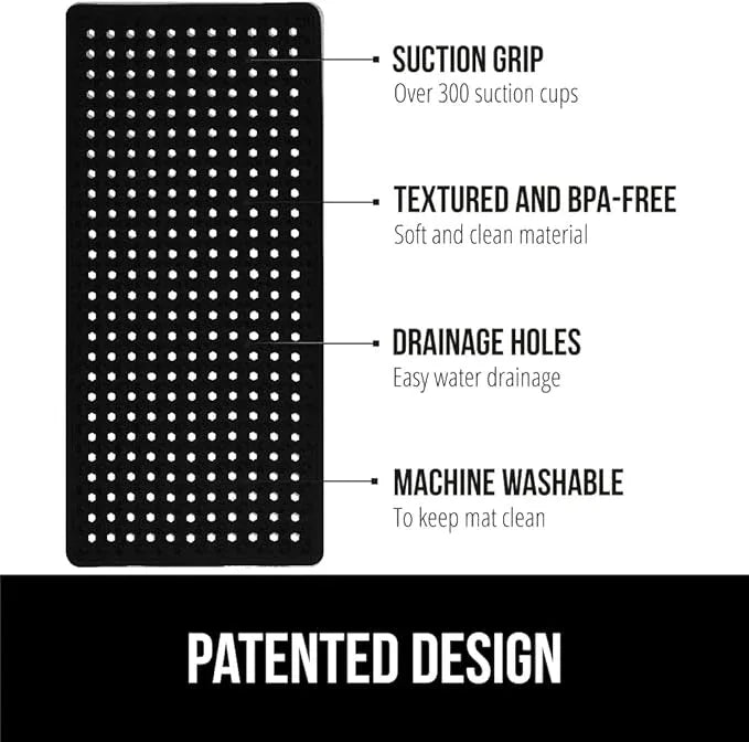 GORILLA GRIP Patented Bath Tub Shower Mat, Machine Washable Bathtub Floor Liner Mats, Suction Cups and Drain Holes to Keep Tubs Clean, Soft on Feet, Bathroom Essentials, 35x16 Inch, Black - ModernBath