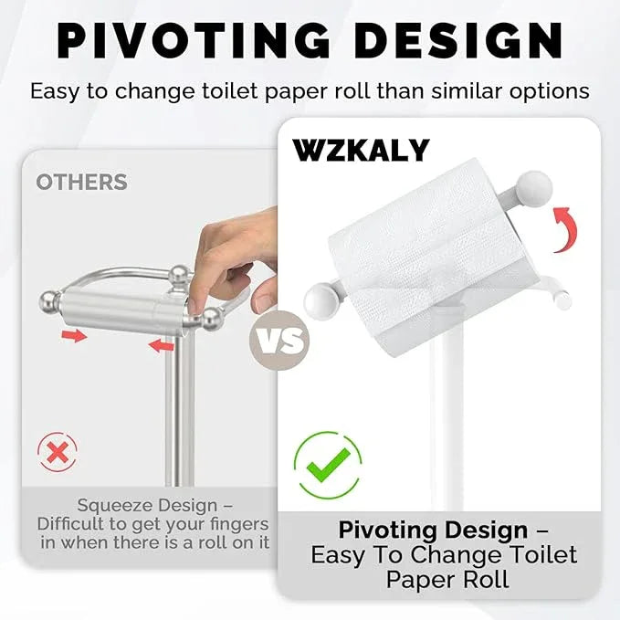 Toilet Paper Holder Stand, White Toilet Paper Holder Free Standing, Post Pivoting Design & Stable Weighted Base SUS304 Stainless Steel for Bathroom (Mega Roll) - ModernBath