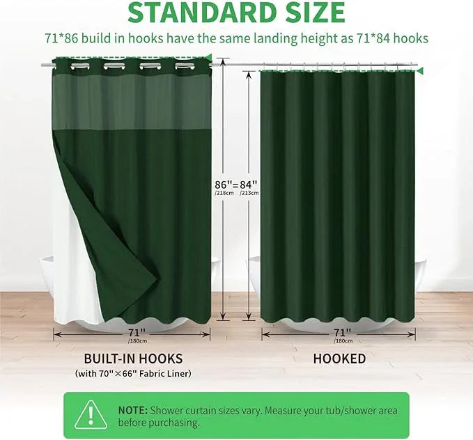 eachope Extra Long No Hooks Needed Linen Textured Shower Curtain with Snap-in Fabric Liner Set,White Hotel Luxury Decor Shower Curtains for Bathroom,Waterproof & Washable,71Wx86H,Emerald Green - ModernBath
