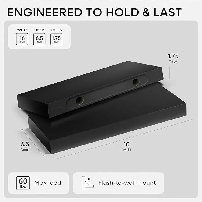 Homeforia 16 inch Black Floating Shelves, High End Solid Real Wood 16inch Bathroom Floating Shelves for Wall Mounted, 16in Wooden Small Floating Shelf, Heavy Duty Bracket, 16 X 6.5 X 1.75 in, Set of 2 - ModernBath