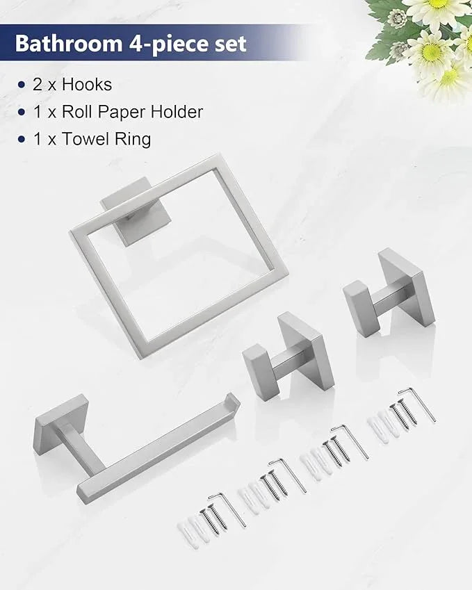 Brushed Nickel Bathroom Hardware Set 4 Pieces, Toilet Paper Holder Set SUS304 Stainless Steel Bath Hand Towel Ring for Bathroom Hardware Accessories Set Wall Mounted - ModernBath
