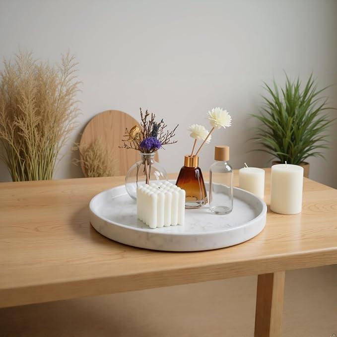 Apasqro Carrara White Marble Tray Round 10 Inch, Natural Stone Perfume & Dessert Tray, Elegant Serving & Display Plate for Home, Vanity, 2 cm Deep, Non-Slip Base - ModernBath