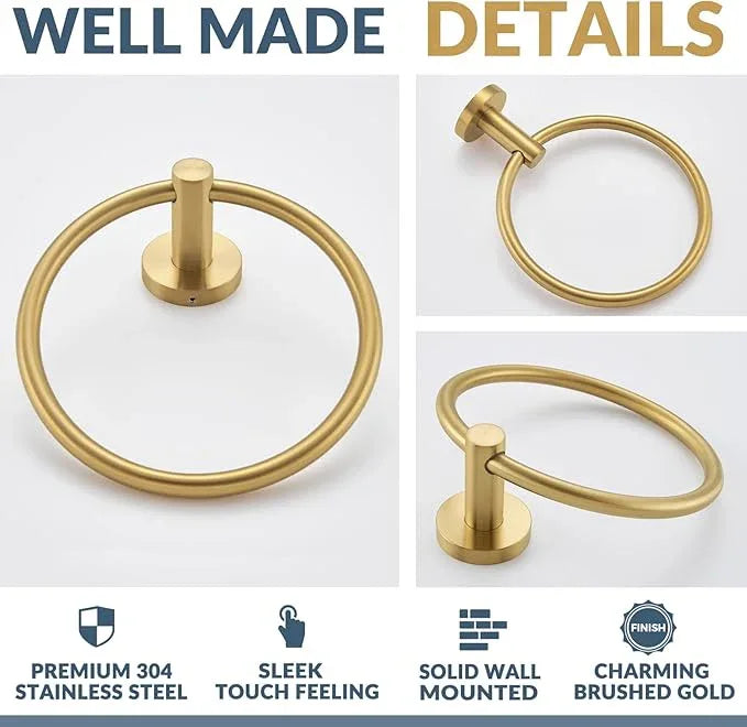 APLusee Brushed Gold Hand Towel Ring, 304 Stainless Steel Flexible Round Towel Holder for Bathroom Kitchen, Wall Mounted - ModernBath