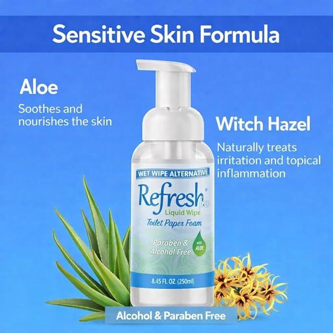 Refresh Liquid Wipe Free - Toilet Paper Foam for Sensitive Skin - Flushable Wet Wipe Alternative - Cleanses & Soothes with Witch Hazel & Aloe - Alcohol & Paraben Free, 250ml (8.45 oz) (1 Pack) - ModernBath