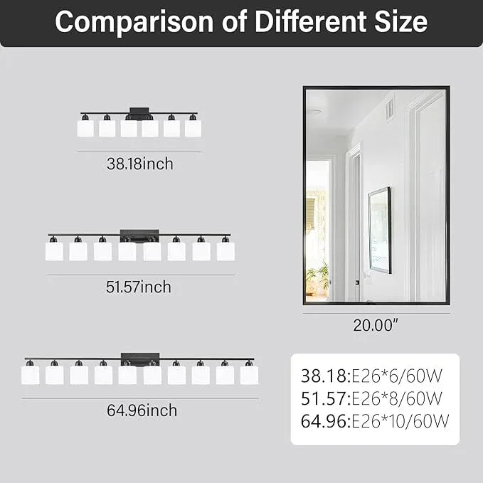FAISHILAN 8 Light Black Bathroom Light Fixtures Over Mirror for Big Mirror, Modern Bathroom Lighting with Milky White Frosted Glass Shades,51 inch Lights for Vanity for Mirrors, E26 - ModernBath