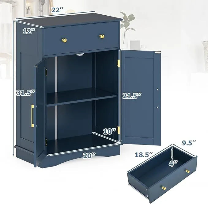 Tangkula Bathroom Floor Cabinet, Modern Freestanding Bathroom Storage Cabinet w/Large Pull-Out Drawer, 2 Doors, 3-Position Adjustable Shelf, Ideal for Living Room (Drawer & Cabinet, Navy Blue) - ModernBath