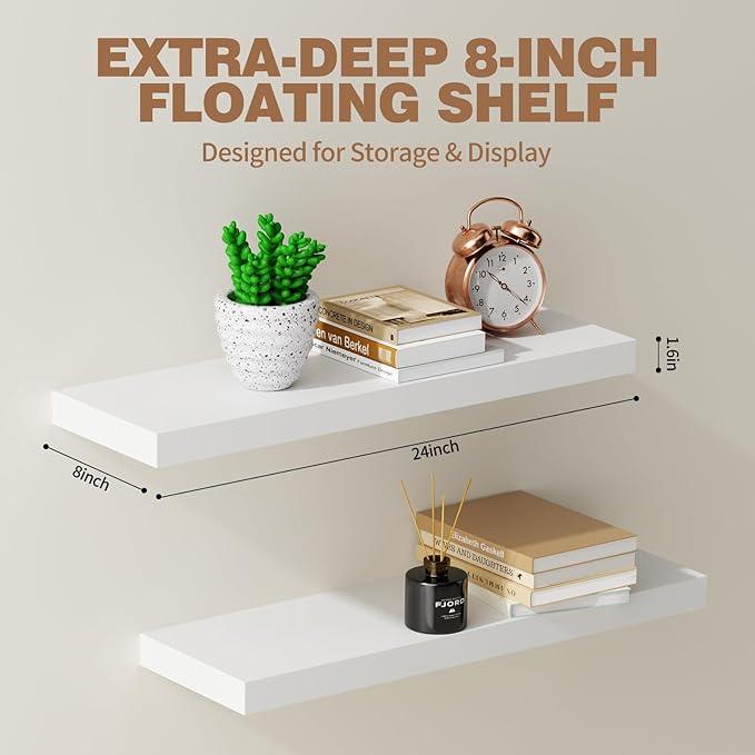 Solid Wood Floating Shelves 24'' Long, 8'' Deep Wall Mounted Shelves with Heavy Duty Brackets, Max Load 150 lbs, Wall Shelves for Bathroom Kitchen Living Room, 24 x 8 x 1.6 in, White, Set of 2 - ModernBath
