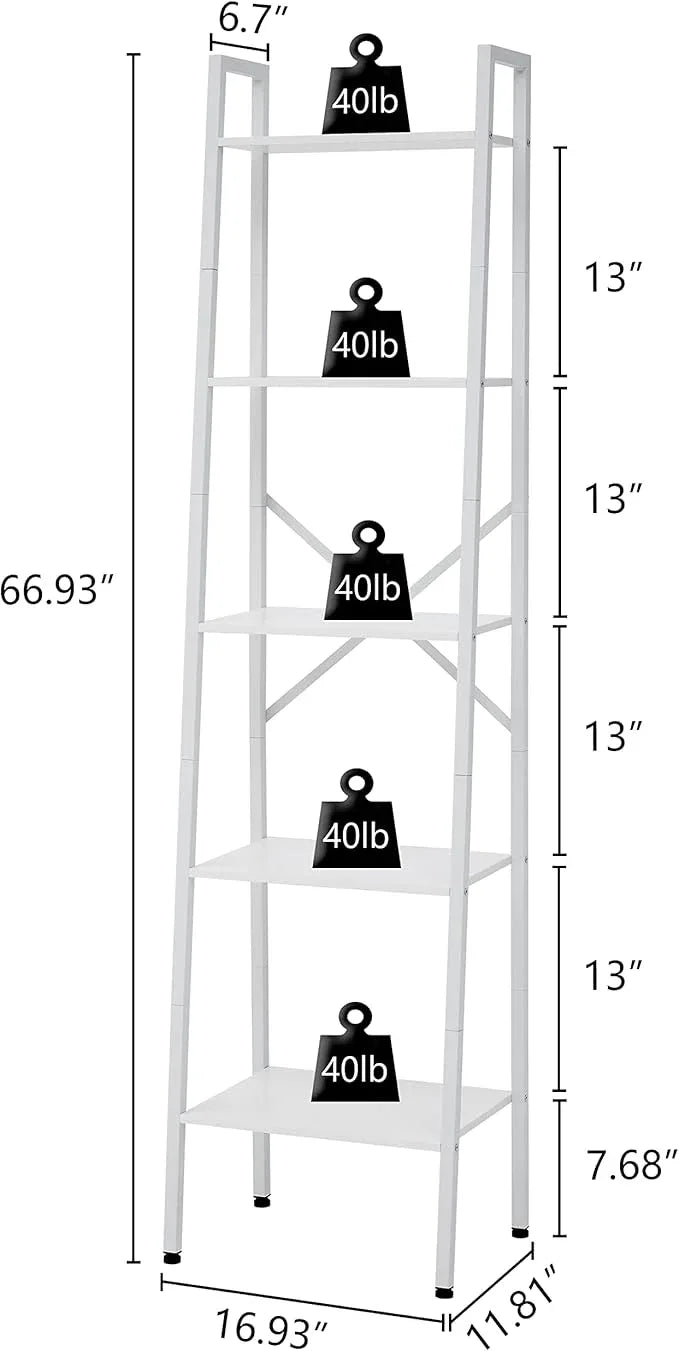 Hoctieon 5-Tier Industrial Ladder Bookshelf, Narrow Ladder Shelf, Tall Standing Bookshelf, Skinny Open Ladder Shelf, for Living Room, Home Office, Kitchen, Bedroom, Metal Frame, White - ModernBath