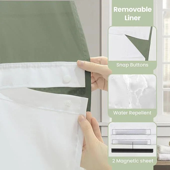Inhousolu Stall No Hook Shower Curtain with Snap in Fabric Liner Set Waffle Weave 230GSM Weighted Hem, Waterproof & Washable Bathroom Curtain Spa Luxury with Mesh Top Window 60" W x 72" L Sage Green - ModernBath