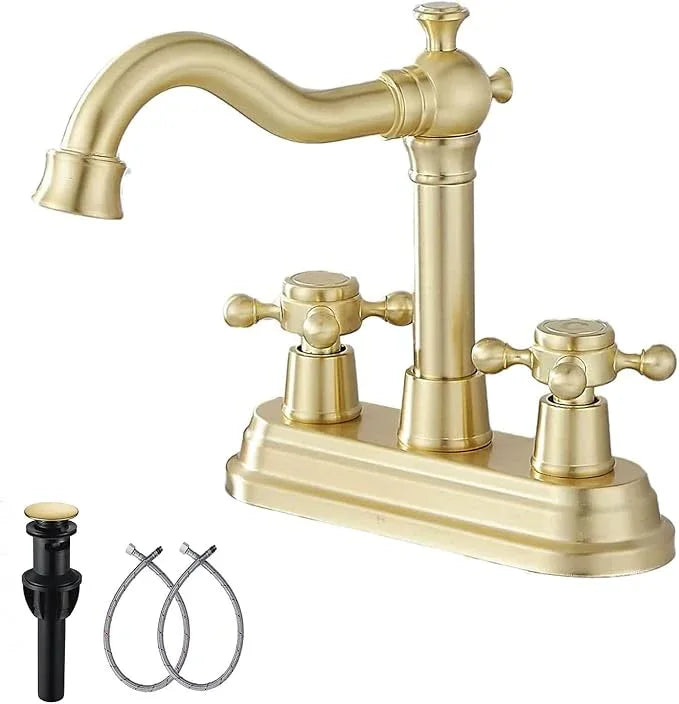 Bathroom Faucet Brushed Gold GGStudy 2 Handles 4 Inches Centerset Bathroom Vanity with Drain Assembly and Supply Hose Lavatory Mixer Double Handle Tap - ModernBath
