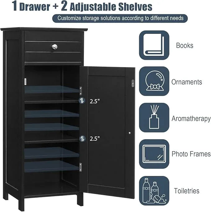 Tangkula Bathroom Floor Cabinet, Wooden Side Storage Organizer, Free-Standing Single Door Floor Storage Cabinet with Large Drawer & 2 Adjustable Shelves for Living Room Kitchen (Black) - ModernBath