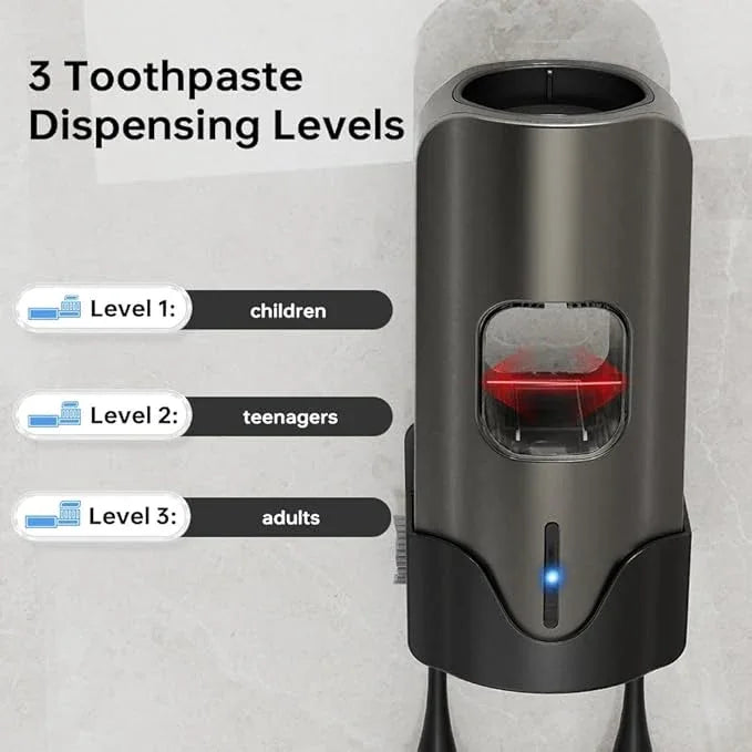 Automatic Toothpaste Dispenser Wall Mounted - Smart Touchless Toothpaste Squeezer with 3 Adjustable Levels, 2 Toothbrush Holders- for Kids and Adults, Bathroom Essentials - ModernBath