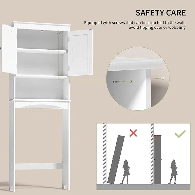 Gizoon Over The Toilet Storage Cabinet with Adjustable Shelf and Double Doors, Bathroom Space Saver Organizer Above Toilet with Open Shelf, Taller Wooden Free Standing Toilet Rack -White - ModernBath