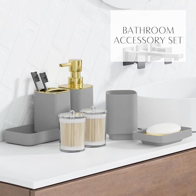 9PCS Bathroom Accessory Set, Grey Bathroom Set with Large-Capacity 4 Gallon Trash Can, Bathroom Accessories Set Complete, Toothbrush Holder, Soap Dispenser, Toilet Brush, Bathroom Decor - ModernBath