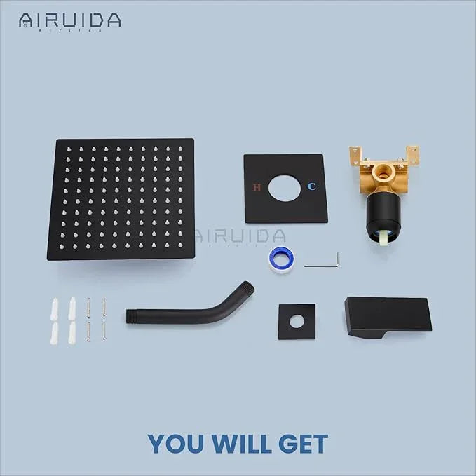 Airuida Shower Faucet Set Bathroom Rain Shower System 8 Inch Square Showerhead Single Function 1 Handle Trim Kit with Female Thread Rough-in Valve Cover Plate with H and C Labels Matte Black - ModernBath