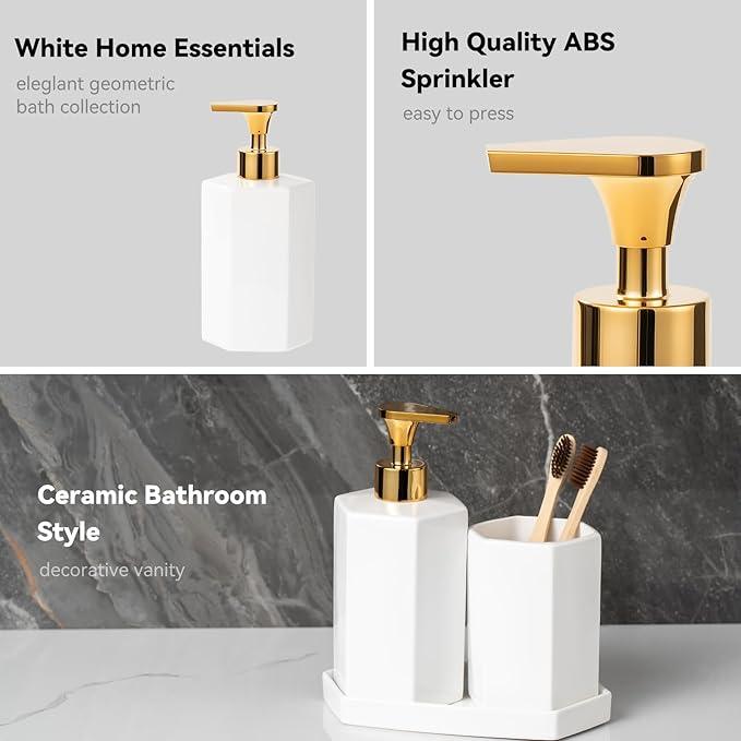 Ceramic Bathroom Accessories Complete with Soap Dispenser, Toothbrush Holder, Bathroom Tumbler, and Vanity Tray - Modern Bathroom Decor,3PCS (Gold) - ModernBath