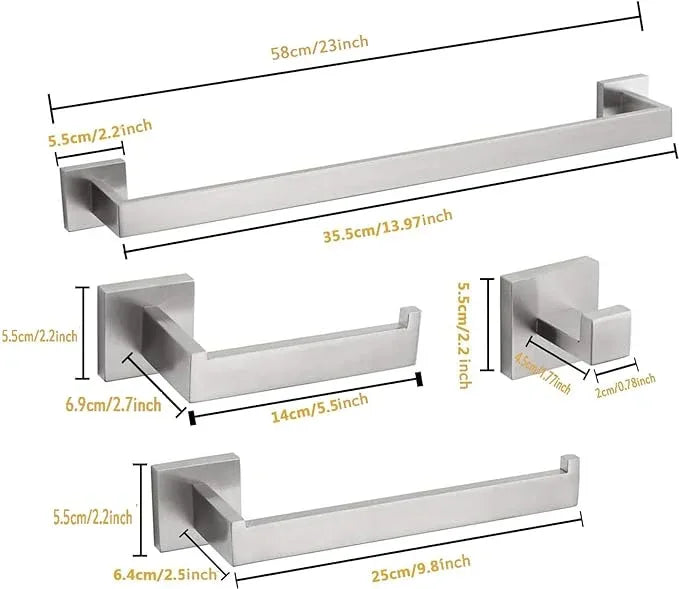 4-Piece Bathroom Hardware Set, Towel Rack Towel Bar Towel Holder Toilet Paper Holder Brushed Nickel Towel Hooks Modern Square Stainless Steel Wall Mounted Bathroom Accessories Set, 23inch - ModernBath