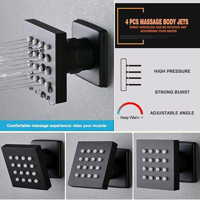 annazom Matte Black Shower Faucet Set with Body Jets 10 Inch Matte Black Shower Head Handheld Shower Combo Set High Pressure Wall Mount with Rough-in Valve - ModernBath