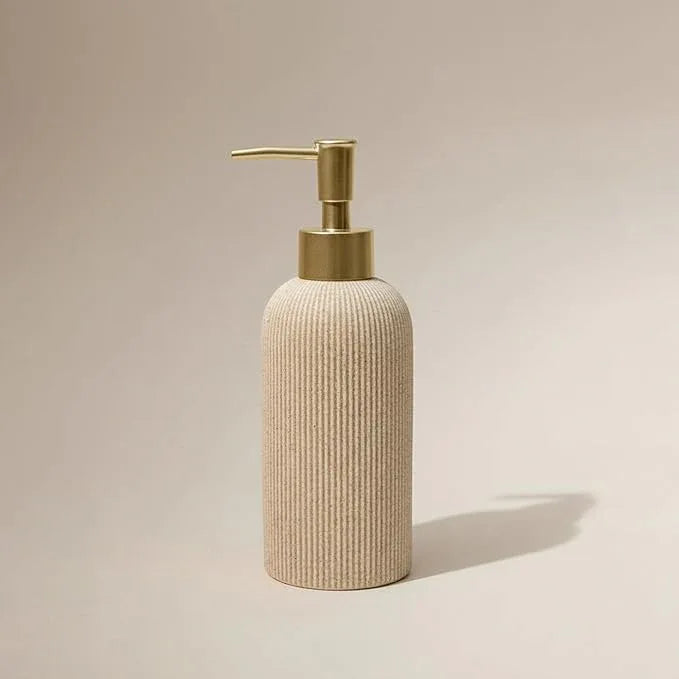 Lunestella Sand Beige Hand Soap Dispenser for Bathroom and Kitchen with Matte Gold Pump, Lotion, Dish Soap, Multiuse, Luxury Farmhouse Style, Sandstone Finish, Rust Proof, 7oz (Matte Gold) - ModernBath