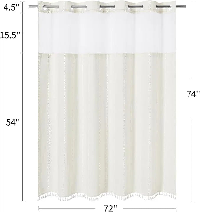 MitoVilla No Hooks Needed Farmhouse Shower Curtain with Snap-in Liner - with Window & Magnets, Boho Cotton Linen Fabric Shower Curtains with Tassels for Rustic Bathroom Decor, Ivory, 72 x 74 - ModernBath