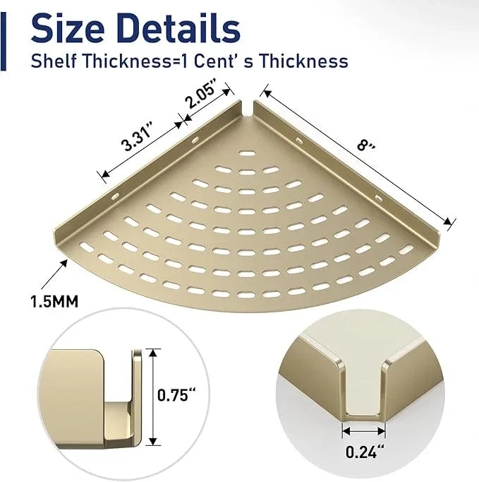 2 Pack Corner Shower Shelves 304 Stainless Steel Shower Corner Shelf Brushed Gold Bathroom 8 in Prevent Rust Drilling Installation - ModernBath