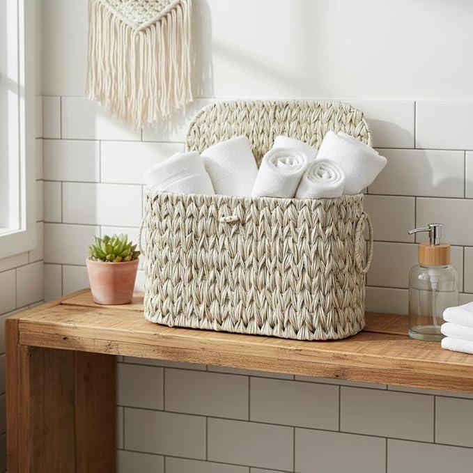 Toilet Paper Basket,Wicker Toilet Paper Storage with Lid,Decorative Boho Wicker Basket for Bathroom,Free Standing-Cream White - ModernBath