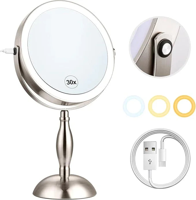 Makeup Mirror with Light, 30x Magnifying Mirror with 3 Lights Colors, 5000mAh Vanity Mirror Brushed Nickel - 360° Rotation, Brightness Adjustable Magnification, Modern Style Side Touch + Side Charge - ModernBath