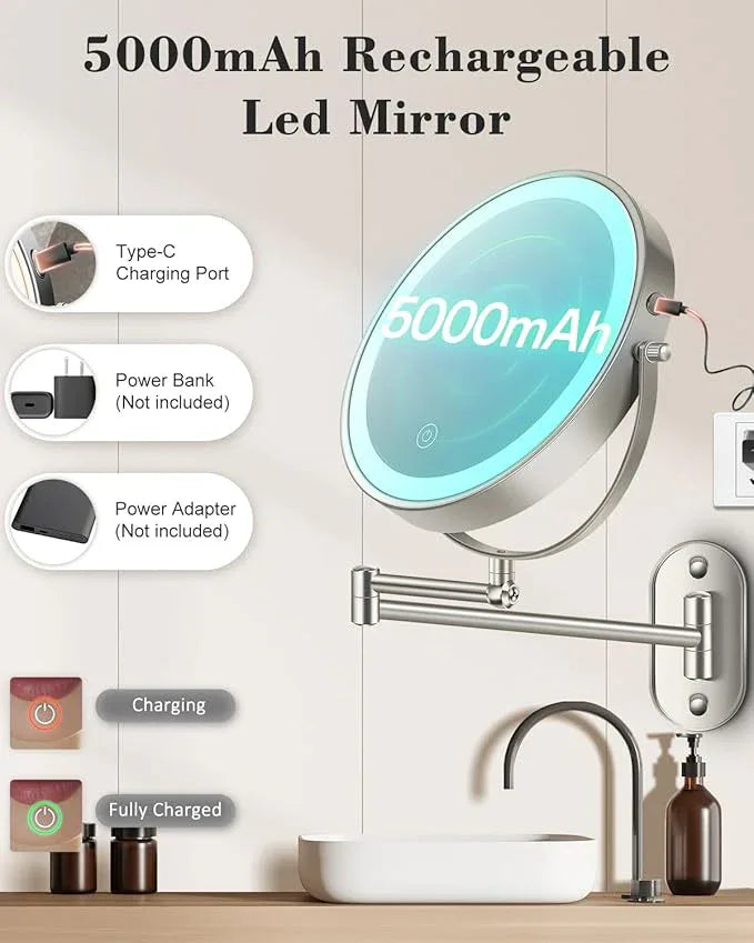 vpu 9" Wall Mounted Makeup Mirror with Light, 20X/1X Height Adjustable Double Sided Magnifying Bathroom Lighted Mirror, 3 Color Touch Dimmable Extended Arm 360 Rotation Light up Magnification Mirrors - ModernBath