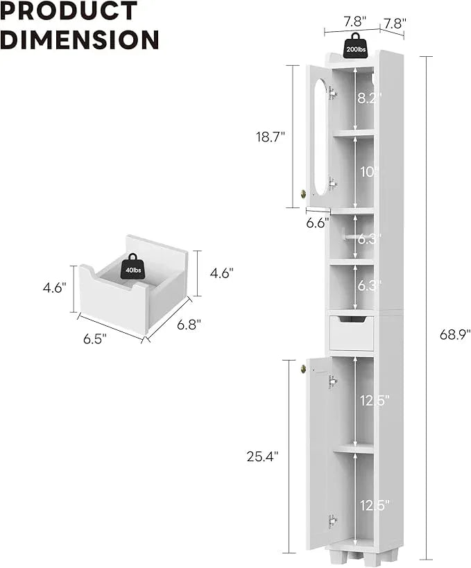 LIKIMIO 69" H Tall Bathroom Storage Cabinet with 2 Doors & 1 Drawer, Narrow Adjustable Shelves & Pull-Out Tissue Holder, Slim Freestanding Cabinet for Small Spaces, Kitchen, Entryway, White - ModernBath