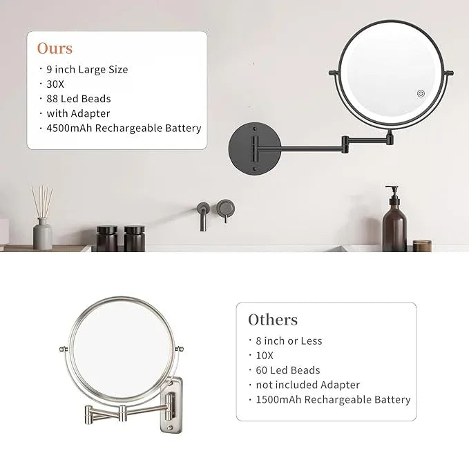 FUNTOUCH 9" 30X/1X Wall Mounted Lighted Makeup Mirror, 5000mAh Rechargeable Double Sided Magnifying Mirror with Adapter, 3 Color Lights,Touch Dimmable, 360 Rotation Extended Arm for Bathroom,Black - ModernBath
