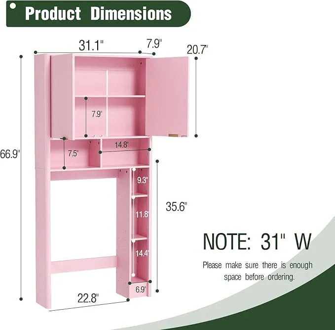 31" W Over The Toilet Storage Cabinet with Fluted Door, Pink Bathroom Organizer with Adjustable Shelf, Toilet Paper Holder Stand Wave Door for Restroom, Laundry Room - ModernBath