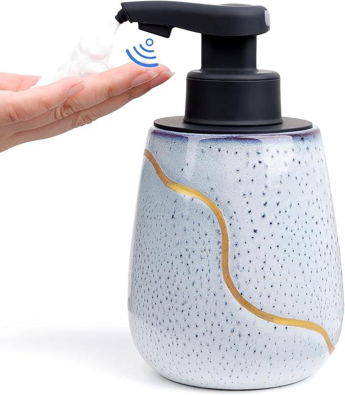 BosilunLife Automatic Foaming Soap Dispenser - Touchless Foam Hand Wash Dispenser for Bathroom Ceramic Smart Electric Auto Dish Soap Dispenser Waterproof, USB C Rechargeable, 17 oz, Speckled Blue - ModernBath