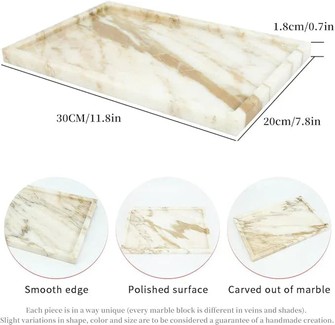100% Natural Marble Serving Tray Luxury Marble Storage Tray for Home Decor Stone Tray for Bathroom/Kitchen/Vanity/Dresser,Plate Holder for Tissues, Candles, Towel - ModernBath