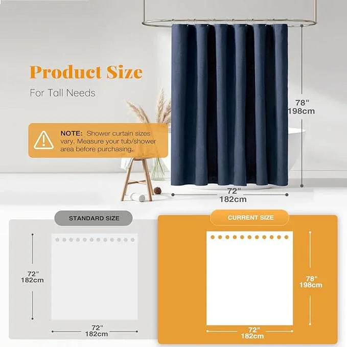 BTTN 78 Inch Long Shower Curtain - Linen Textured Thick Weighted Fabric Shower Curtain Set with 12 Hooks, Tall Neutral Heavy Duty Waterproof Polyester Shower Curtains for Bathroom - 72x78 - Navy Blue - ModernBath